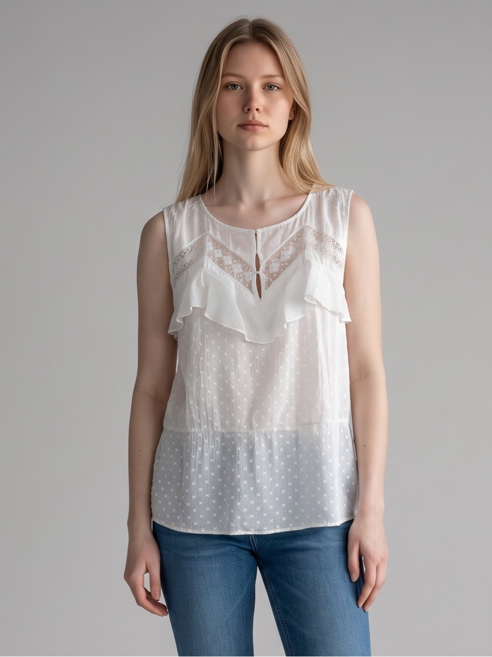 Vintage Sandro Paris White Ruffled Lace-Trim embroidered sheer blouse. Luxury.